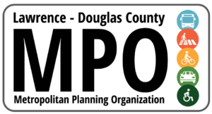 A rectangular logo with Lawrence Douglas County MPO in black lettering and five circles on the right of the text, each a different color with a coordinating symbol. Blue-Bus, Orange-pedestrian, Yellow-Bicyclist, Lime-Car, Green-Accessibility.